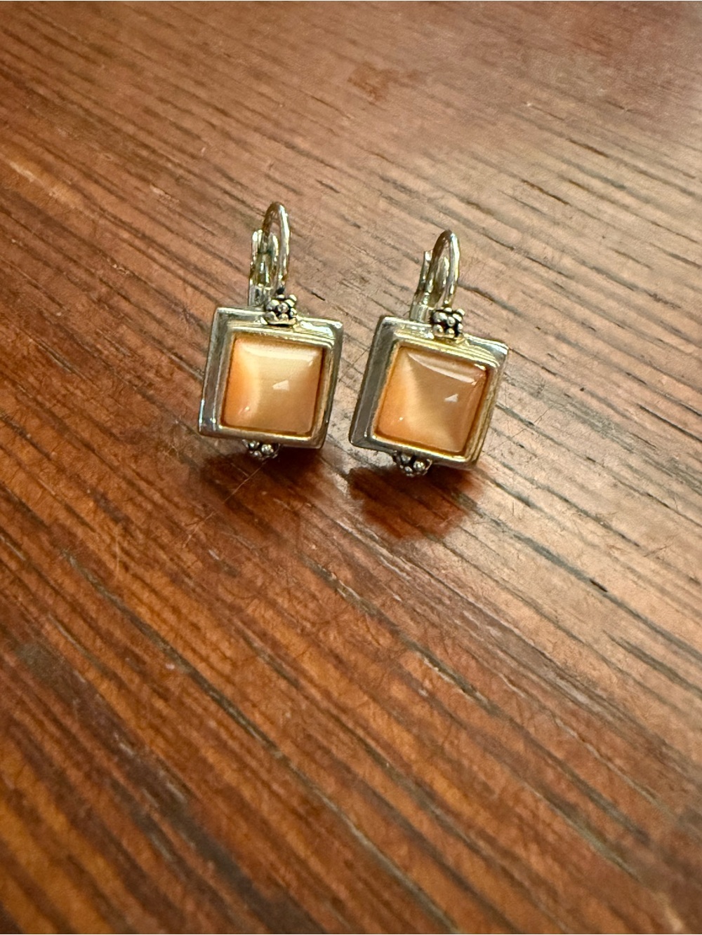 Silver Peach Square Drop Earrings - Peach Stone Accent